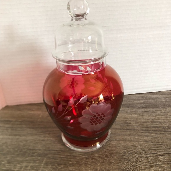 Vtg Hughes Ruby Glass Apothecary Jar with Etched Cornflower Design - Picture 8 of 12